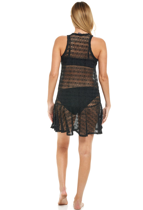Model in the black open-knit Flared Tank Dress cover-up, back view