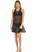 Model in the black open-knit Flared Tank Dress cover-up, front view