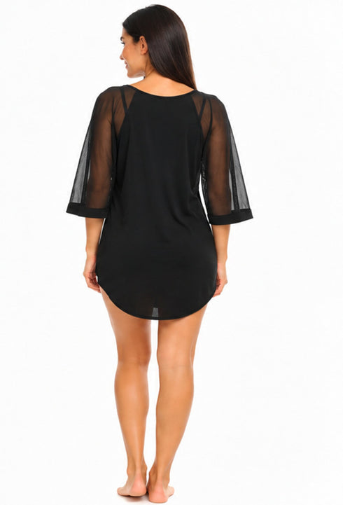 MESH SLEEVE V NECK BEACH COVER UP TUNIC - MCO