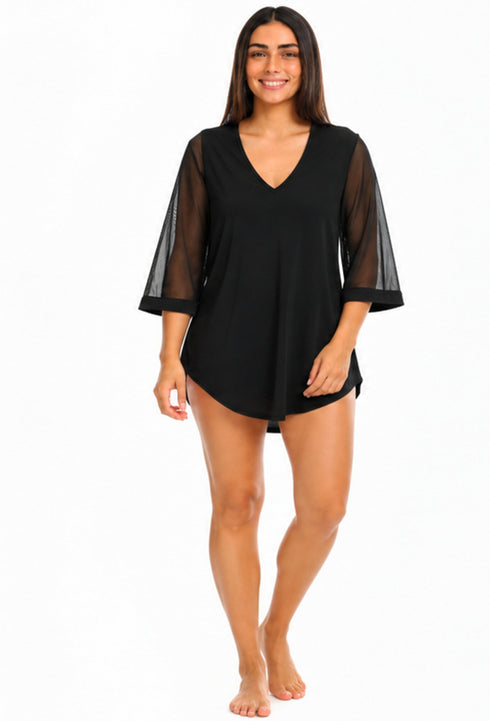 MESH SLEEVE V NECK BEACH COVER UP TUNIC - MCO