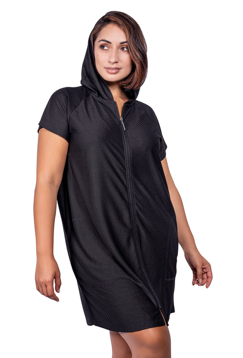 ZIP-UP FRONT HOODIE WITH RAGLAN SLEEVE DRESS - WAFFLE - PLUS SIZE