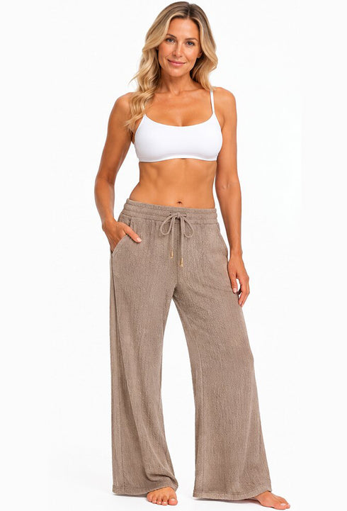 DRAWSTRING PULL ON BEACHWEAR PANT WITH POCKETS - PUCKERY