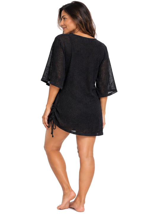 V NECK BEACH COVER UP TUNIC WITH TIE SIDE - PUCKERY