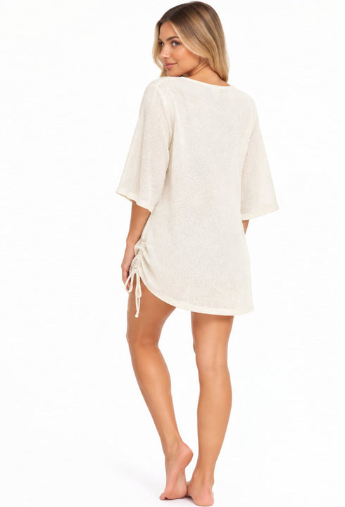 V NECK BEACH COVER UP TUNIC WITH TIE SIDE - PUCKERY