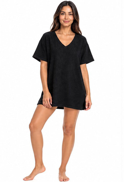 V NECK BEACH COVER UP SHORT SLEEVE TUNIC WITH POCKETS - PUCKERY