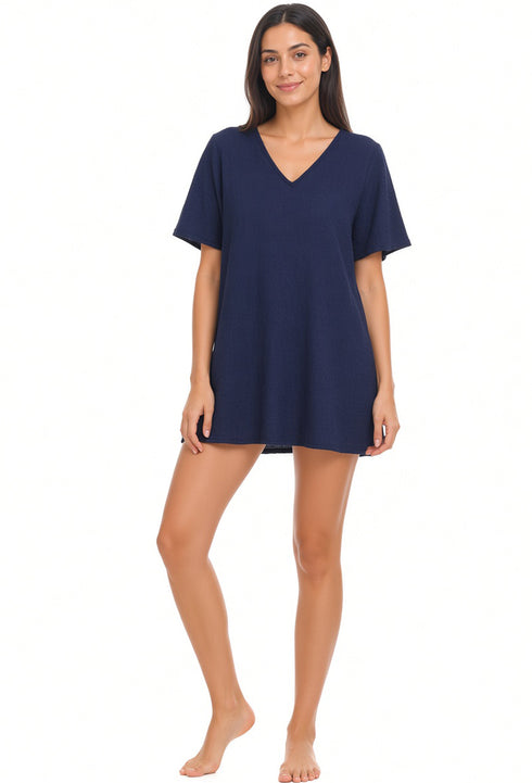 V NECK BEACH COVER UP SHORT SLEEVE TUNIC WITH POCKETS - PUCKERY