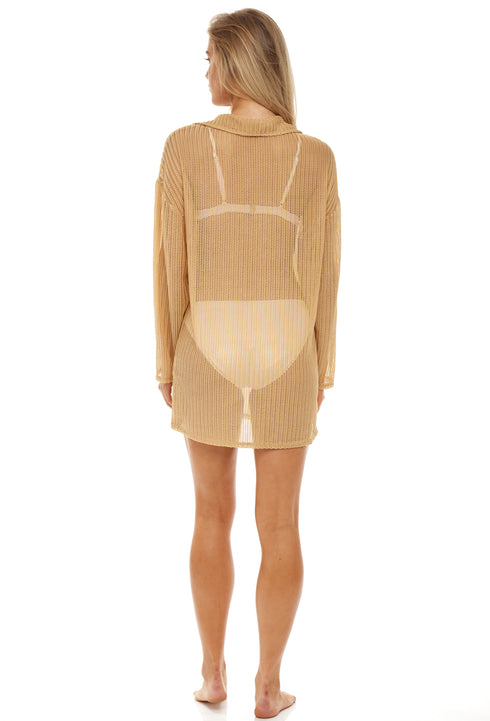 POLO COLLAR TUNIC WITH LONG BELL SLEEVE - CHEVRON